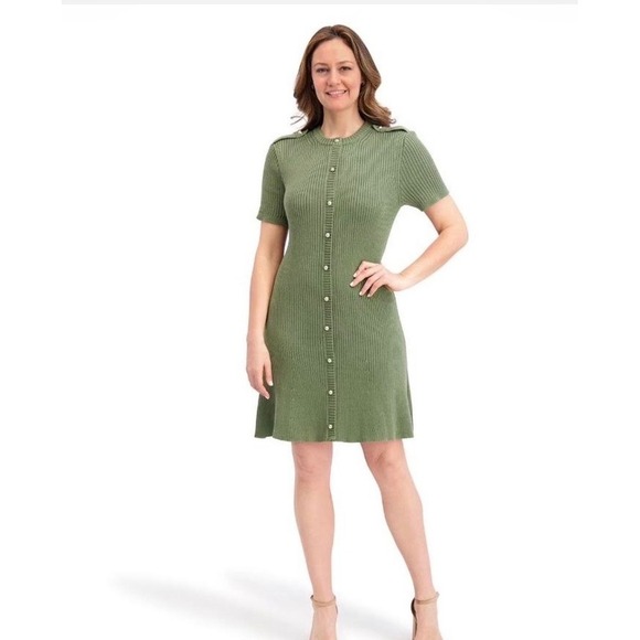 French Connection Dresses & Skirts - French Connection Olive Green Ribbed Military Sweater Dress Gold Button Mini L